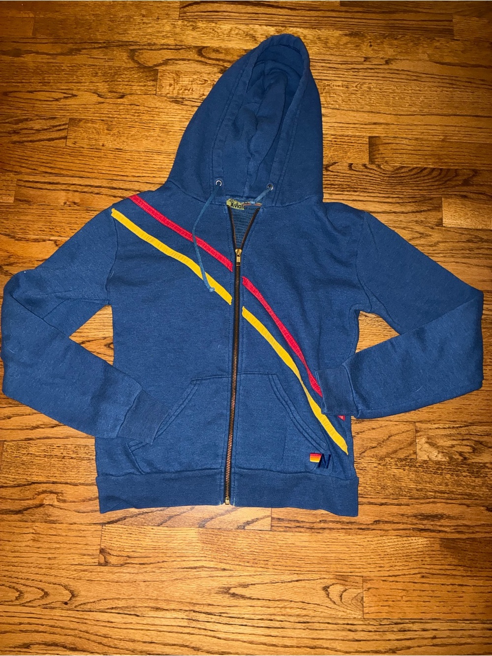 Aviator Nation Royal Blue Zip Hoodie with Yellow & Red  PRAY FOR SNOW